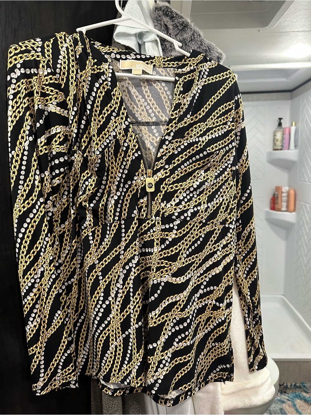 MICHAEL Michael Kors Black Blouse with Gold Chain and White Dot Print